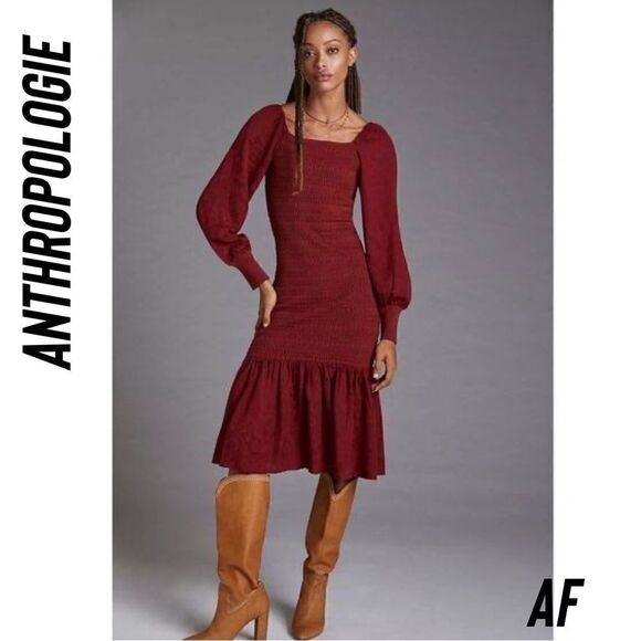Anthropologie Dresses & Skirts - ANTHROPOLOGIE SMOCKED PUFF KNIT MIDI DRESS IN WINE NEW LARGE
